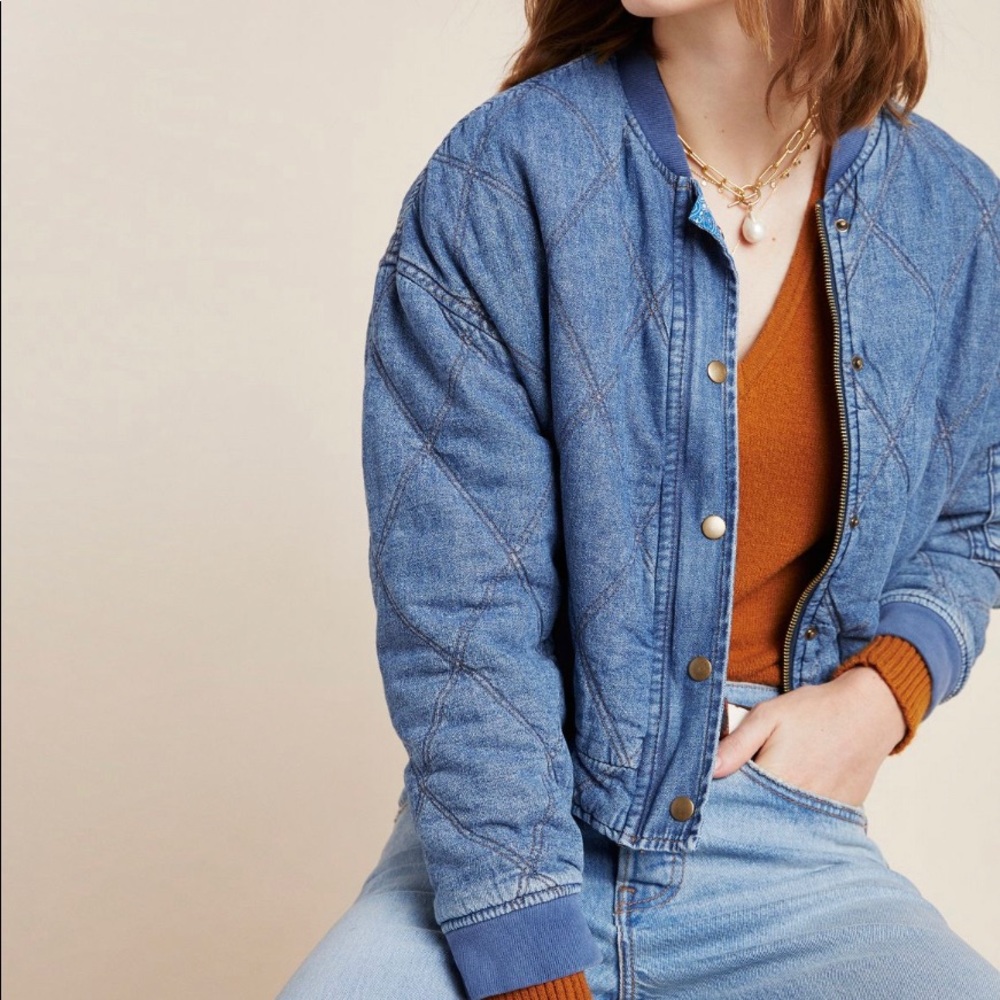 Anthropologie Lindy Quilted Denim Bomber Jacket